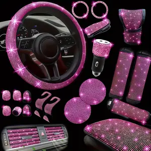 30pcs Bling Car pink Accessories for Women, Bling Steering Wheel Cover Bling Car Coasters Bling Set Seat Belt Shoulder Pads Ring Emblem Sticker Gear Shift Cover