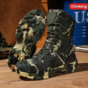 Men's high top camouflage hiking boots, outdoor climbing work boots with zipper closure, nylon fabric, rubber sole, non-slip EVA insole, striped pattern, all year outdoor shoe style