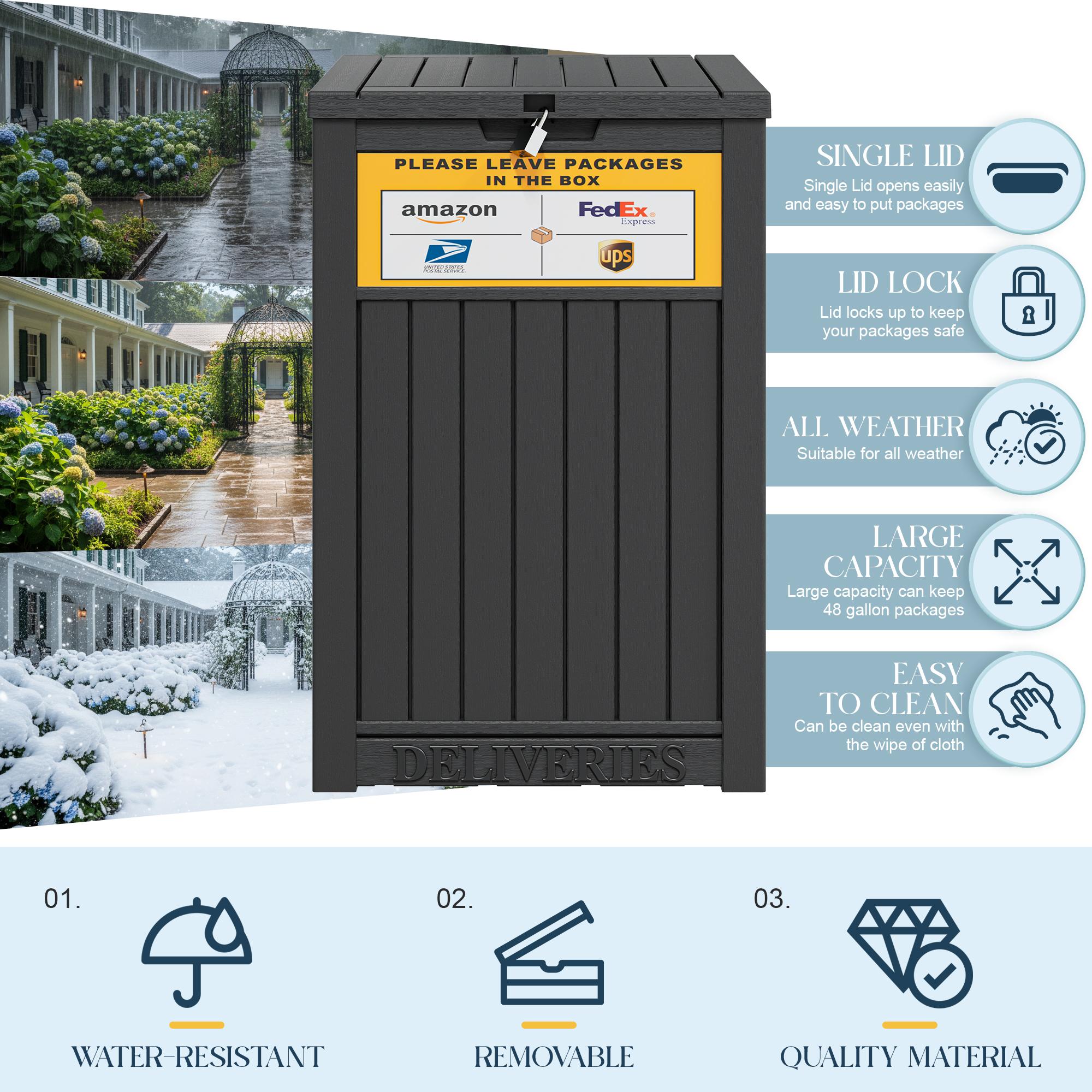 RIWENGO Package Delivery Box for Outside with Sign, 48 Gallon Storage with Lockable Secure, Large Double Wall Resin Outdoor Package Delivery Waterproof Secure Anti