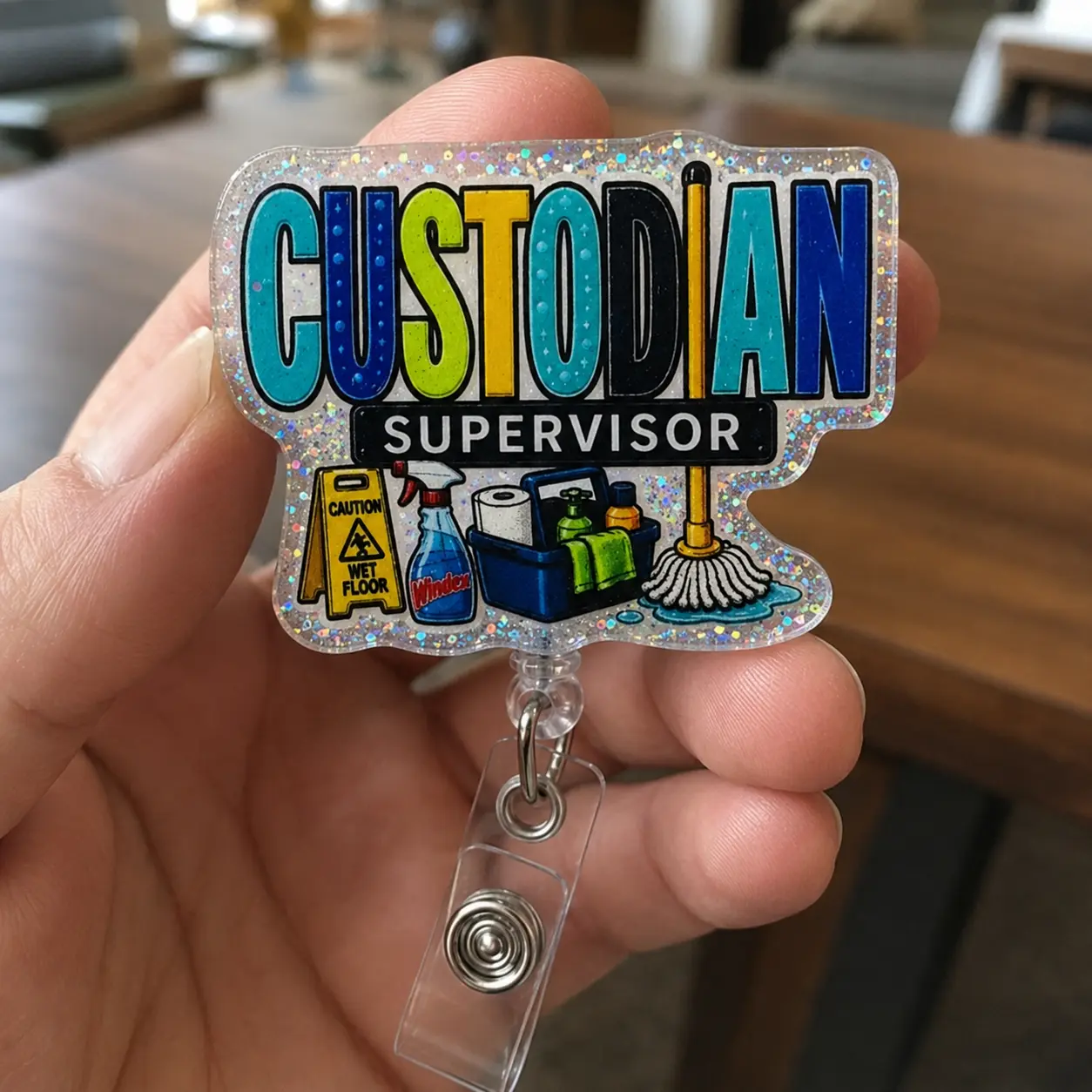 Custodian Supervisor Badge Reel, School Custodian Glitter Acrylic ID Holder, Retractable Clip Custodial Staff Appreciation Gift
