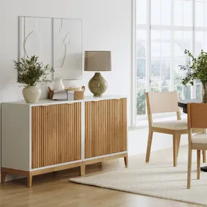 Mid-Century Fluted Storage Credenza Warm White Warm Pine (Set of 2)