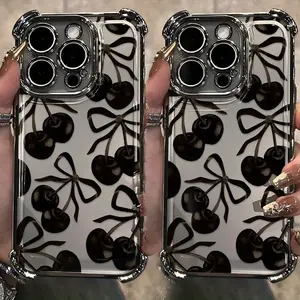 Black Cherry Pattern Four-corner Thickened Mobile Phone Case for iPhone 17 Air 16 15 14 13 12 11 Pro Max Plus border Electroplating with counter-fall Safety Cushion 2D printing Decorative Smartphone Protector Protection