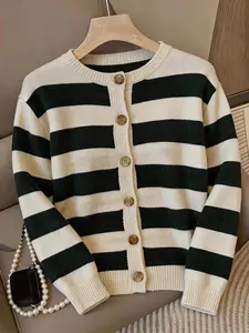Women's Fall Winter Plus Size Knit Cardigan, Stripes, Button Front Round Neck, Elegant Loose Fit Sweater for Daily Wear
