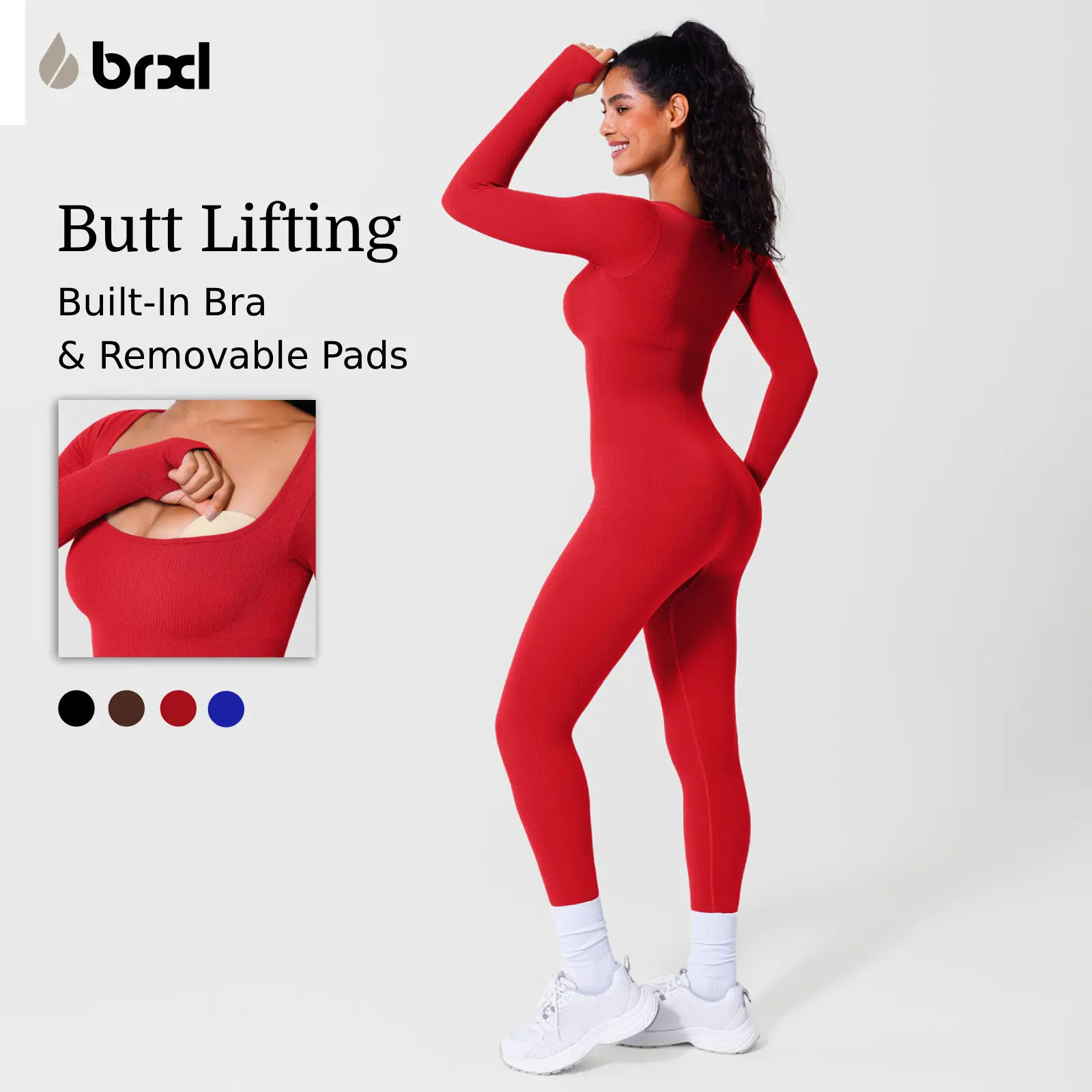 BRXL Long Sleeve Jumpsuit for Women with Built In Bra Workout Yoga Full Body Suits Shapewear One Piece Bodycon Tummy Control Butt Lifting Seamless Design 4 Way Stretch for Gym Training Everyday Wear Stretchable Activewear,summerwins
