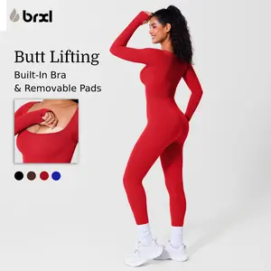 BRXL Long Sleeve Jumpsuit for Women with Built In Bra Workout Yoga Full Body Suits Shapewear One Piece Bodycon Tummy Control Butt Lifting Seamless Design 4 Way Stretch for Gym Training Everyday Wear Stretchable Activewear,summerwins