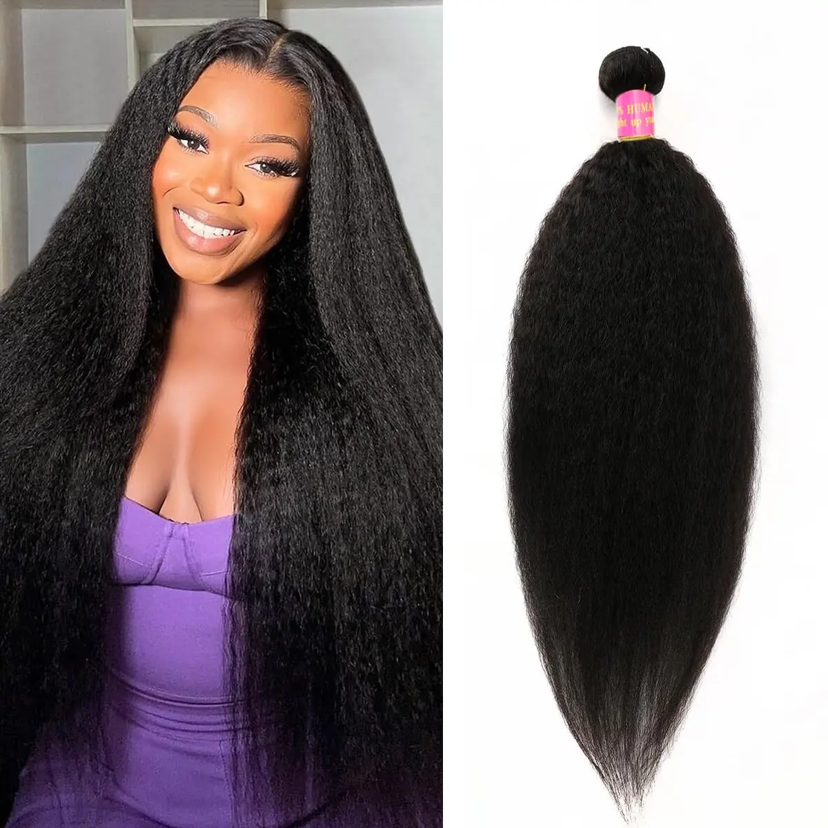 Black Women's Unprocessed Brazilian Virgin Straight Kinky Yaki Human Hair Extensions - 1 Bundle Natural Black, Machine Weft with Double Weft Stay and Tight Hold