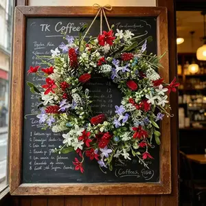 Elegant Blue Wildflower Wreath, Mixed Flowers with Berries and Leaves, Rustic Seasonal Porch Decor, Independence Day Decoration