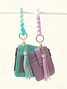 Boho Beaded Keychain Wristlet Strap with Tassel Decor, Fashion Silicone Bead Keychain with Rfid Magnetic Protection, PU Leather Card Case for Women and Girls
