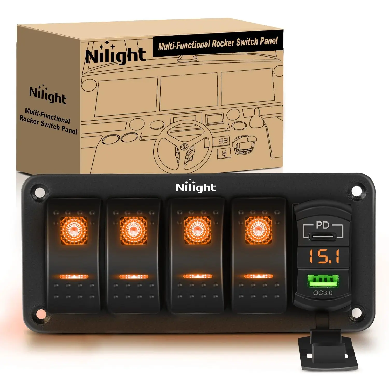 Nilight 4-Gang Rocker Switch Panel with Multi-Port Charging Sockets, Type-C Multi-Outlet Sockets, QC3.0 & PD Charger, Orange Backlit LED Light Design, Conductive Pins, Built-In Voltmeter for Home Improvement Electrical Equipment