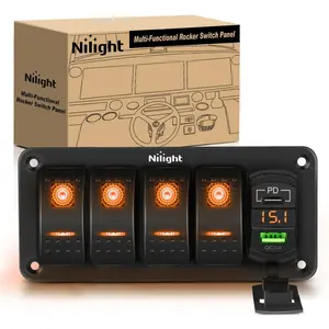 Nilight 4-Gang Rocker Switch Panel, QC3.0 & PD Charger, LED Light Design Orange Backlit, Conductive Pins, Built-In Voltmeter for Home Improvement Electrical Equipment General Use Led Voltage Display