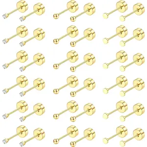 YADOCA Small Flat Back Earrings for Women Men - Hypoallergenic 14K Gold Plated Surgical Steel Screw Flat Back Stud Earrings Tiny Cartilage Earring Sets For Multiple Piercing 2/3/4mm 18pairs