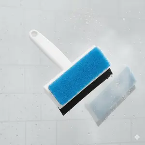 2-in-1 Window Squeegee Scrubber Sponge, Multi-Surface Glass Tile Cleaning Brush, Waterproof Rust-Proof Wall Scrub Tool with Non-Slip Grip for Bathroom Kitchen Window Shower Water Stain Removal