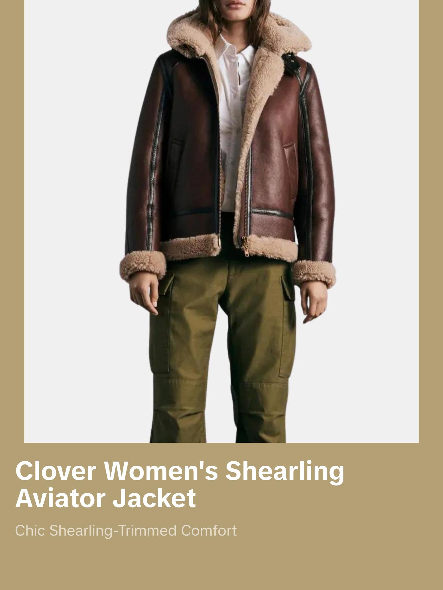 Clover Women's Hooded Tan Brown Shearling Leather Aviator Jacket