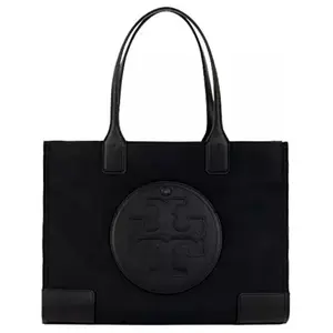 Tory Burch Ella Tote Bag with Double T Logo and Magnetic Closure in Black Nylon for Women