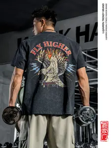 lujiamen Summer high-street American trendy sports T-shirts, retro distressed with eagle patterns, short-sleeved, casual and all-match tops for fitness