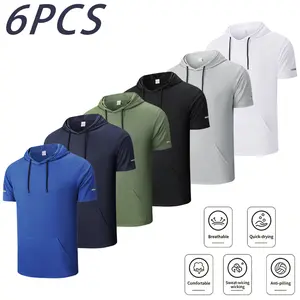 Men’s short-sleeve hoodie set featuring quick-dry, moisture-wicking mesh athletic T-shirts for gym workouts and running