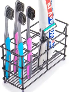 Stainless Steel Toothbrush and Toothpaste Holder for Bathroom – 7-Slot Black Organizer, Space-Saving Hygienic Storage with Modern Design for Countertop