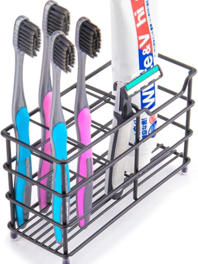 Stainless Steel Toothbrush and Toothpaste Holder for Bathroom – 7-Slot Black Organizer, Space-Saving Hygienic Storage with Modern Design for Countertop
