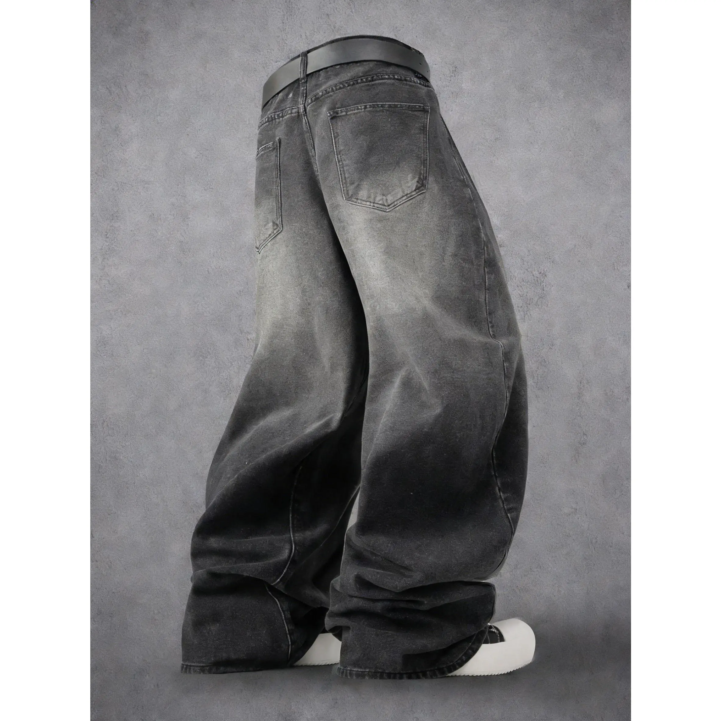 Men's Y2K Distressed Flame Baggy Jeans| Vintage Washed Black Denim, Frayed Patchwork Design, Streetwear Wide Leg Pants for Concert & Festival