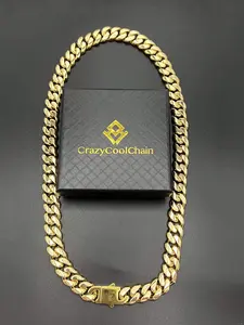 14mm Gold Plated Miami Hip Hop Cuban Necklace, Durable Stainless Steel Chain, Cuban Link Chain, Push Clasp, Party Style, All Seasons Wear