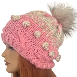 Hand Knits 2 Love Beanie Winter Hat Chunky Bubbles Faux Fur Pom Pom Pink Cables Designer