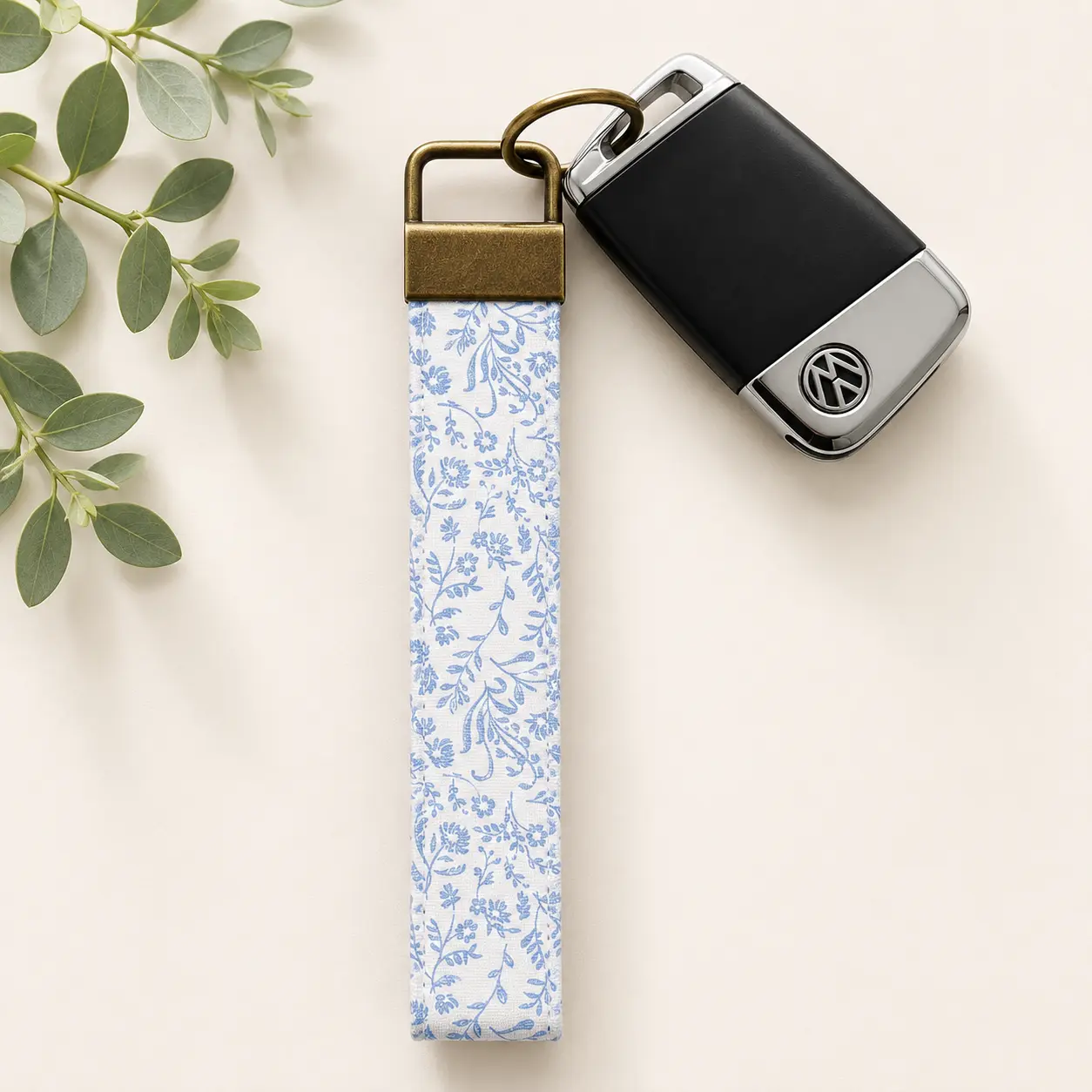 Blue Ditsy Floral Key Fob Wristlet | Antique Brass Hardware