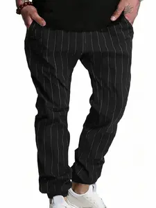 Men's Summer Linen Striped Cuffed Long Pants, Lightweight Breathable Tropical Fashion Casual Pants, Perfect Gift for Husband or Boyfriend