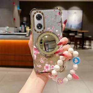 Love Heart Strap Lanyard A58 4G Impact Resistant Transparent Glitter Shiny Mirror Phone Holder Case Compatible With for Oppo A58 4G Pink Plum Blossom Case Cover for Popular