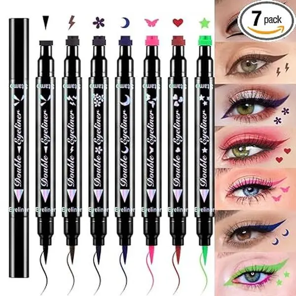 liquid Eye Liners Face Stamp Cosplay Gothic Makeup Set Kit for Beginners, Black Brown Purple Blue Red Pink Green Star Flowers Heart Moon Triangle Lightning Butterfly Stamps Eyeliner