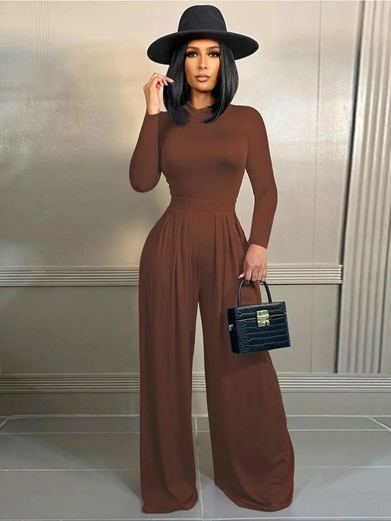 Women's Solid Cut Out Bodysuit & Wide Leg Pants Two-piece Set, Casual Fashion Cozy Two Piece Outfits for Daily Outdoor Wear, Women Clothes for Fall & Winter Valentine's Day, gift