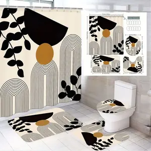 4pcs Mid-Century Modern Boho Shower Curtain Set with Black Leafy Branches & Burnt-Orange Accents, Includes Bathroom Rug, U-Shaped Contour Rug, Toilet Lid Cover, Bathroom Decoration Accessories – Perfect for a Minimalist & Warm Spa-Like Bathroom Makeover