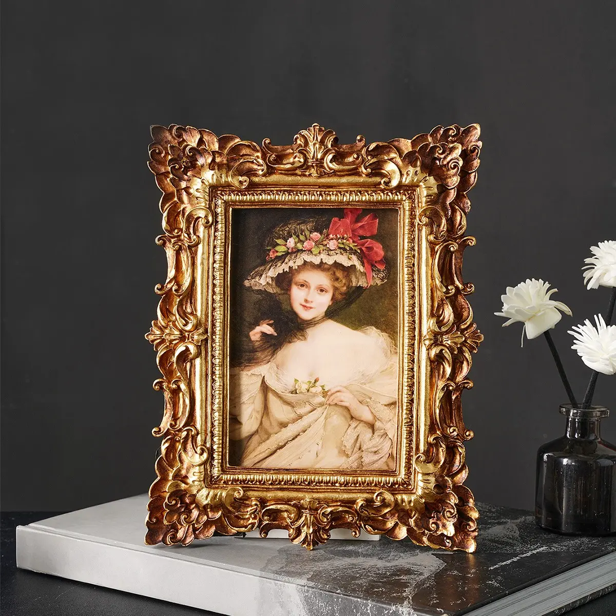 Rococo Style 3D Floral Frame, Resin Leaf Pattern Decorative Picture Frame, Desktop Ornament, Home Décor, Bedside Table, Dressing Table, Wedding Frame