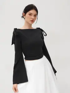 Cider Women's Knit Womenswear Top, Boat Neck, Bowknot Detail, Ruched Long Sleeves