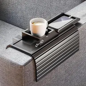 Bamboo Couch Armrest Table, Sofa Arm Tray with Detachable Couch Cup Holder - 2 in 1 Anti-Slip Foldable Sofa Armchair Caddy Table - Cup Holder for Drinks Cellphone TV Remote Snacks(Black)