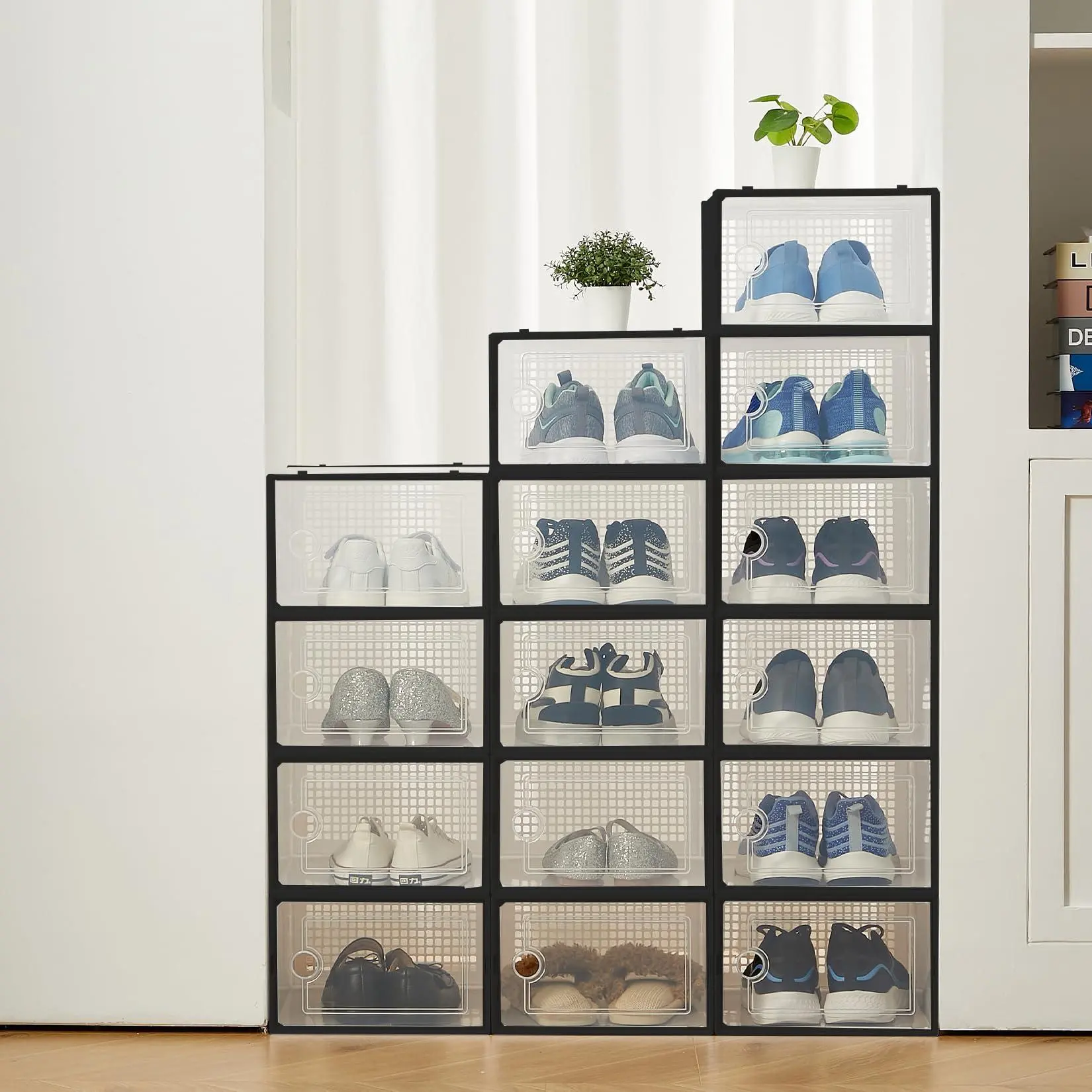 Shoe Storage Boxes Set, Transparent Stackable Plastic Shoe Boxes with Lid, for Shoes, Trainers, Toys, Wardrobe and Under the Bed, Practical and Robust