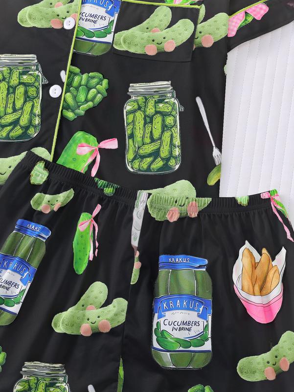Elegant women's sleepwear set with knitted fabric short sleeved button top and shorts, pickled cucumber print home clothes, casual one-piece cartoon pattern sleepwear combination, lemon design essential short sleeved fashionable women's pocket style Elegant women's sleepwear set with knitted fabric short sleeved button top and shorts, pickled cucumber print home clothes, casual one-piece cartoon pattern sleepwear combination, lemon design essential short sleeved fashionable women's pocket style