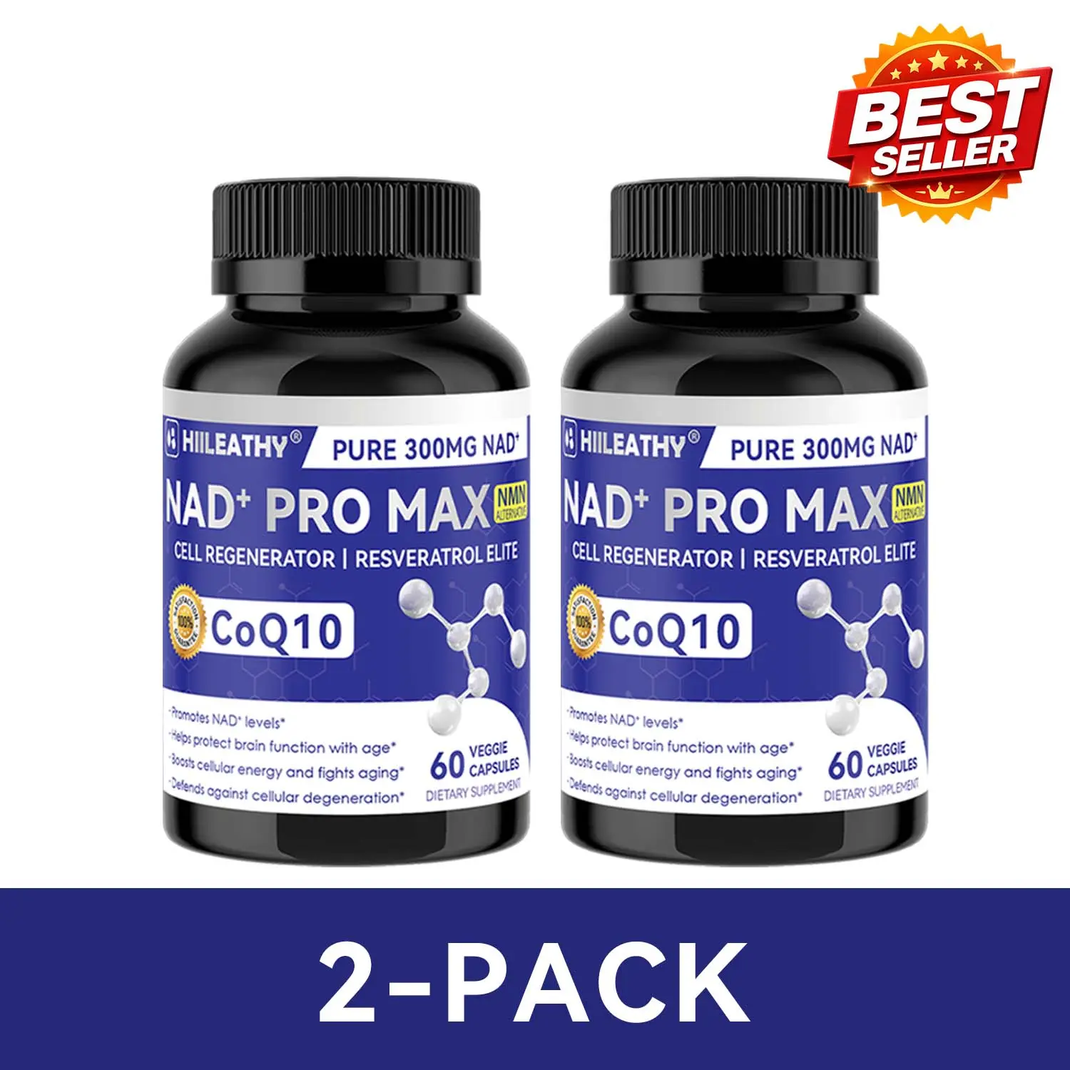 【Limited BOGO | 2 Bottles Value Pack】HIILEATHY NAD+ PRO MAX Premium NAD+ Supplement for Brain Health & Cellular Renewal | Resveratrol + CoQ10 Anti-Aging & Energy Support | Made in USA