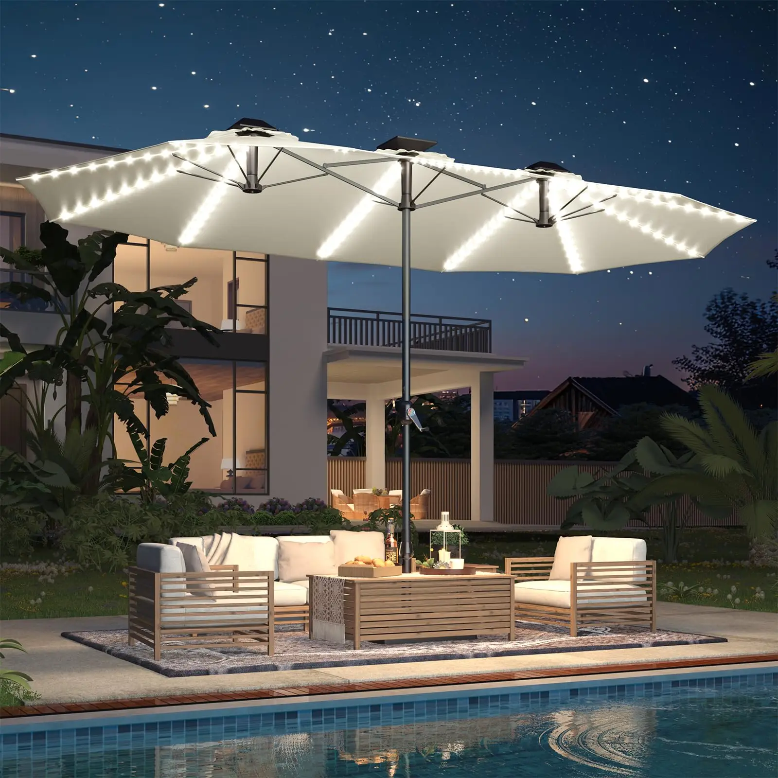 [No Base] 15ft Patio Umbrella with Solar Lights, Large Double Umbrella Outdoor Patio LED Lights and Crank Handle Cream(1.9" Pole) Lighting Garden