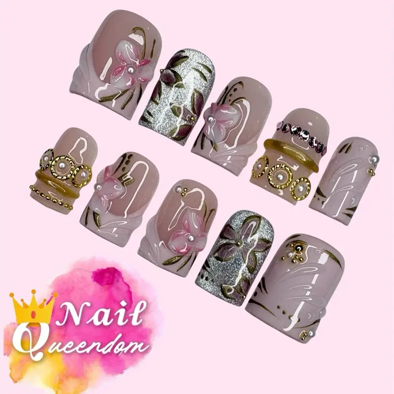 Nail Queendom [QUEEN’S DREAM] Handcrafted Press-On Nails Reusables Long Lasting Salon Quality Easy Application 10 Pieces Set Eco-Friendly 3D-gel Finish