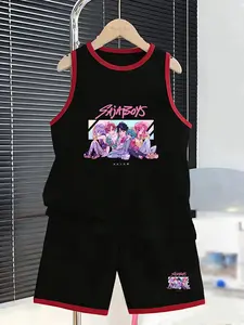 Summer Boys' Sports Set, Anime Boy Group Role & Saja Boys Logo Print, Casual Loose Fit Tank Top & Short Pants Two-Piece