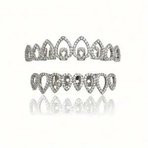 2pcs Drop Shape Octadentate Fashion Light Luxury Style Hollow Eight Teeth Copper Inset Zirconia Personality Hip Hop Gift Cool Party Accessories for Men and Women Oral Stainless Wire Brace White