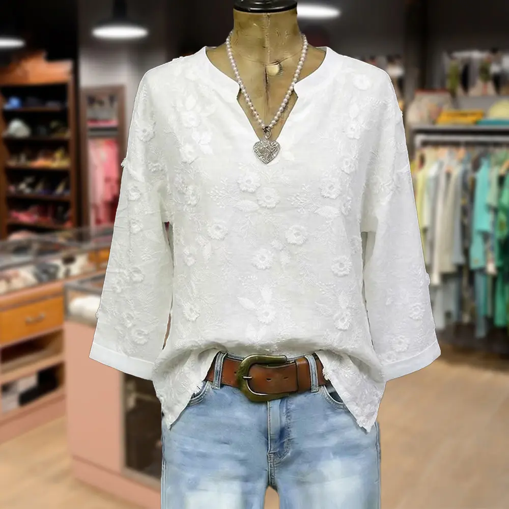 Cherrybetty 100%Cotton Vintage Floral Embroidered Notch Neck Three Quater Sleeve Blouse Womenswear Shirts Cute Tops For Women Plus Size Fashion Tiktok Shop Spring Glow Up summerwins