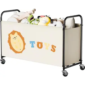 135L Large Capacity Kids Toy Storage Box, Rolling Toy Chest with Wheels, Metal Organizer Bin for Stuffed Animals, Beige Suitable for Bedroom, Living Room, Nursery