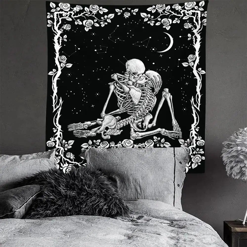 Fantasy Skull Couple Pattern Tapestry, UV Blacklight Wall Hanging Tapestry For Home Living Room Bedroom Dormitory Halloween Decor, With Accessories Ea