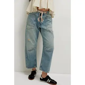 Women’s wide-leg denim patchwork jeans with a loose fit and drawstring waist—casual trousers suitable for work, office, and streetwear