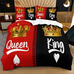 King & Queen Royal Style Couple Duvet Cover Set, Bed Sets (2/3 Pcs), Includes 1 Duvet Cover + 1/2 Pillowcases (No Filler), Crowns, Two-Tone “King/Queen”, Romantic Heart Arrows, Couple Bedroom Decor