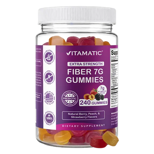 Vitamatic Fiber 7G Gummies for Adults, 240 Pectin-Based Gummies, Zero Sugar Added, Digestive Health & Regularity Support, Natural Berry, Peach & Strawberry Flavors