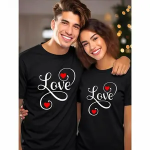 Love Pure Cotton Couple Short Sleeve T-Shirts, Romantic "Love" Heart Graphic Design, Soft Comfortable Fit, Ideal for Matching Couples, Casual Wear, Valentine's Day Gift, Anniversary Celebration, Gift for Lovers, Everyday Wear, Couple Fashion
