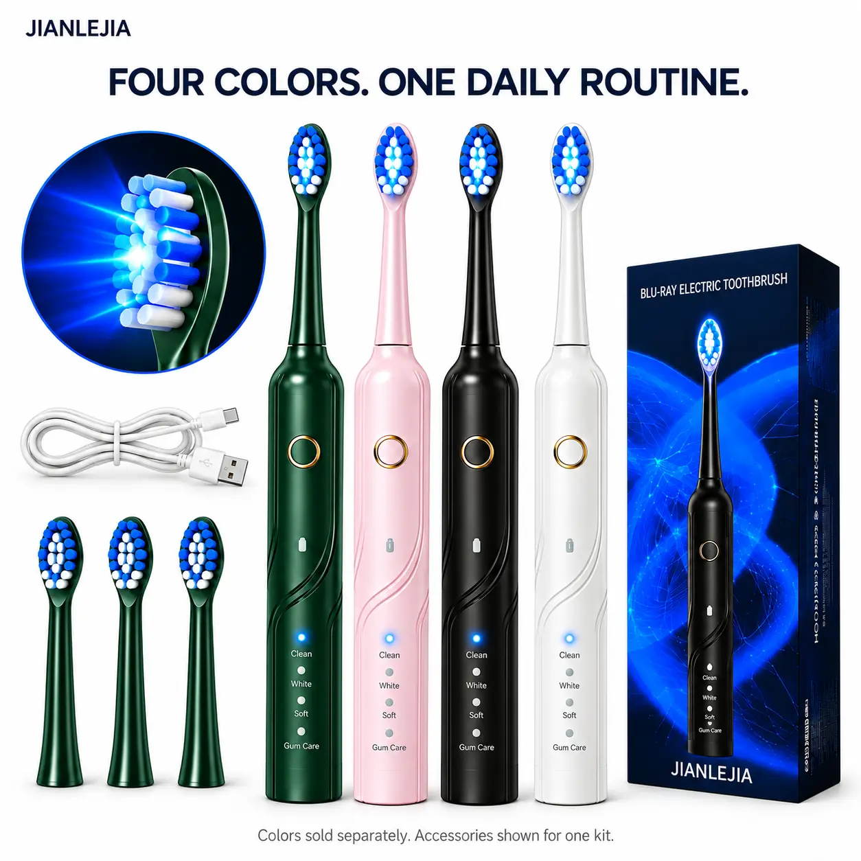 JIANLEJIA Electric Toothbrush for Adults, Rechargeable Blue Light Toothbrush with 4 Cleaning Modes and 3 Replacement Brush Heads, USB Charging, Black
