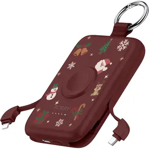 Portable Charger 10000mAh PD 20W Fast Charging Power Bank with Built-in Cables Keychain Design for iPhone 17/16/15/14/13/12 & Apple Watch Christmas Red Black Button Foldable